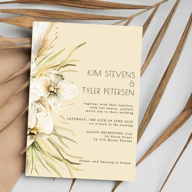 White orchid pampas grass modern boho wedding invitation (Creator Uploaded)