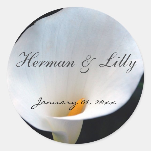 White Orchid Personalized Round Wedding Sticker (Front)