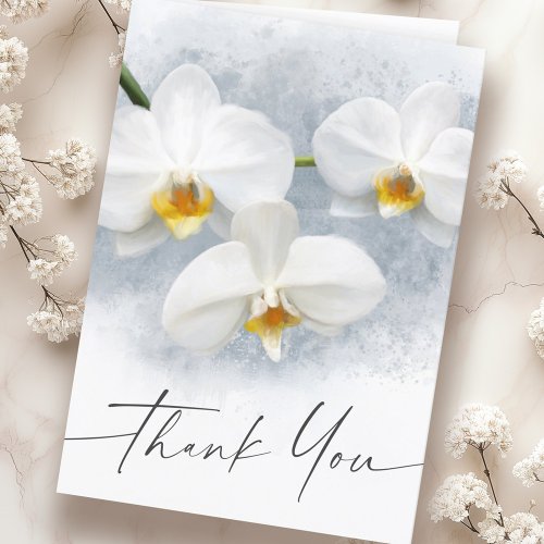 White orchid phalaenopsis elegant script thank you card