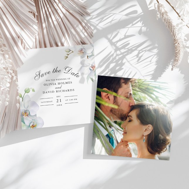 White Orchid Photo Wedding Save the Date Card (White Orchid Photo Wedding Save the Date Card on a sunny white table with white dry flowers.)