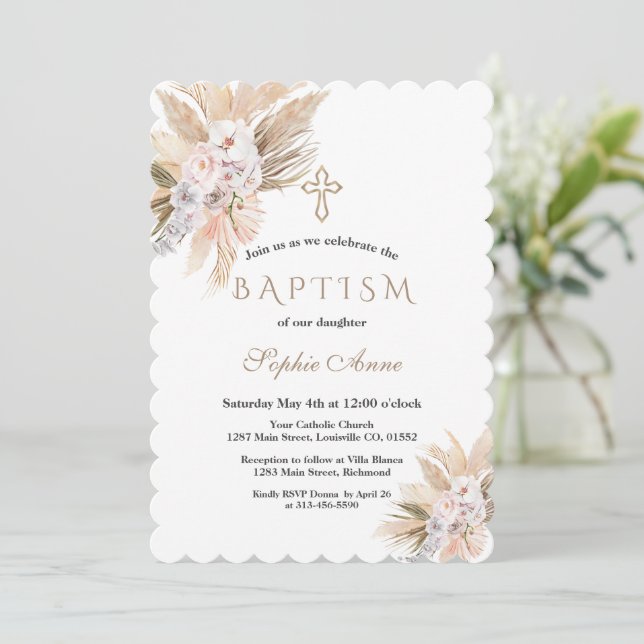 White Orchid Pink Roses Pampas Grass Baptism Invitation (Standing Front)