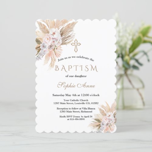 White Orchid Pink Roses Pampas Grass Baptism Invitation