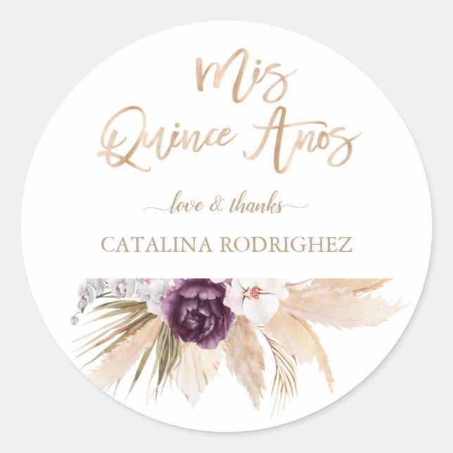 White Orchid Purple Rose Pampas Grass Quinceañera  Classic Round Sticker (Front)