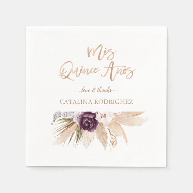 White Orchid Purple Rose Pampas Grass Quinceañera Napkins (Front)