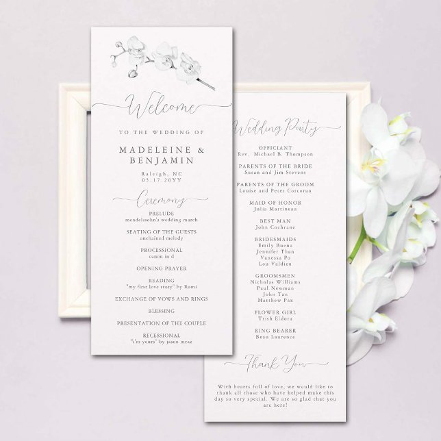White Orchid Simple Elegant Formal Wedding Program (wedding ceremony program black white orchid floral art sketch elegant modern classic formal chic)