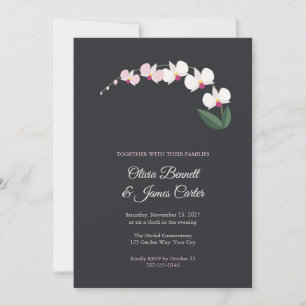 White Orchid Spray Charcoal Wedding Invitation