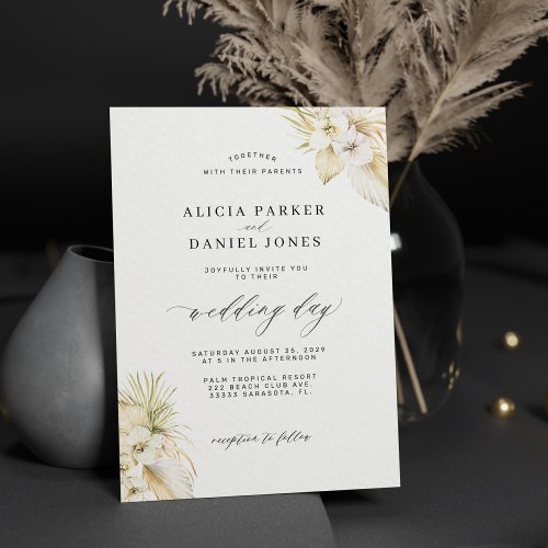 White orchid tropical pampas grass elegant wedding invitation