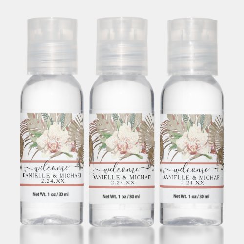 White Orchid Tropical Pink Floral Fan Palm Wedding Hand Sanitizer