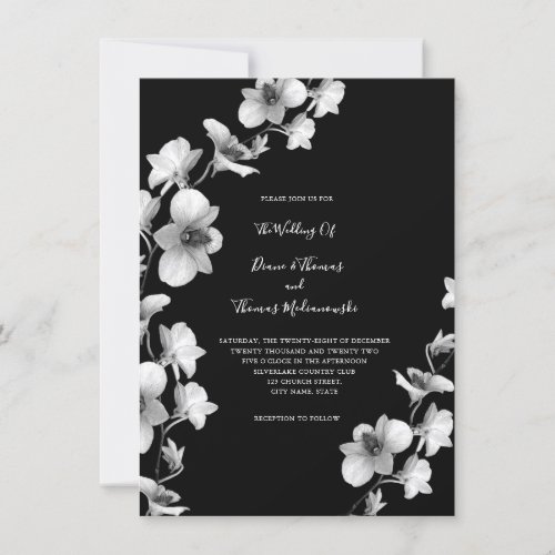 White Orchid Vine on Black Wedding Invitation