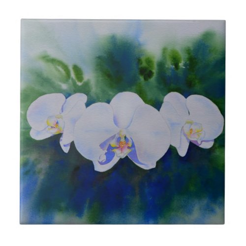 White orchid watercolor painting greenery  ceramic tile
