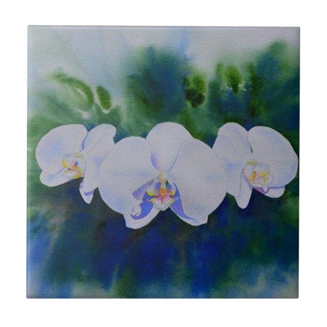 White orchid watercolor painting, greenery  ceramic tile (Front)