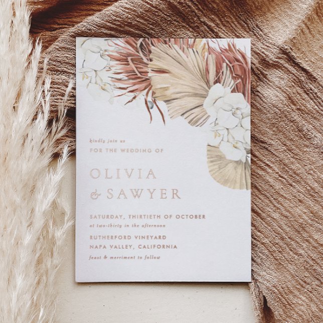 White Orchids and Dried Palm Leaves Boho Wedding Foil Invitation (This rose gold foil wedding invitation is perfect for modern weddings with a natural or boho theme.)