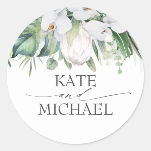 White Orchids and King Protea Tropical Greenery Classic Round Sticker