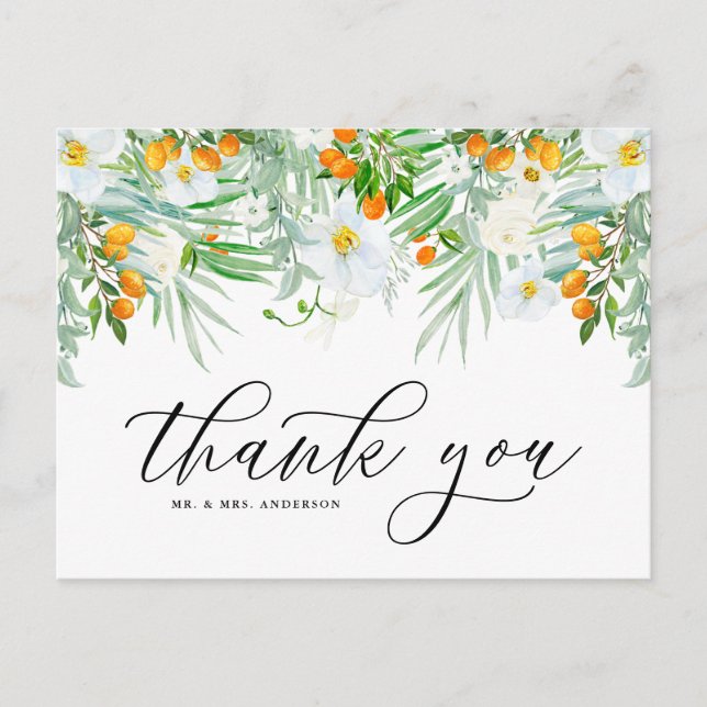 White Orchids and Kumquat Tropical Thank You Postcard (Front)