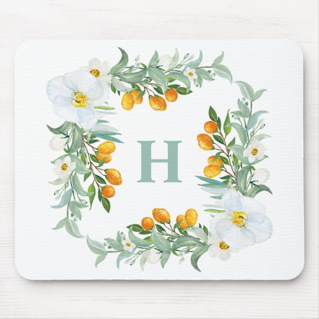 White Orchids and Kumquats Tropical Monogram Mouse Pad (Front)