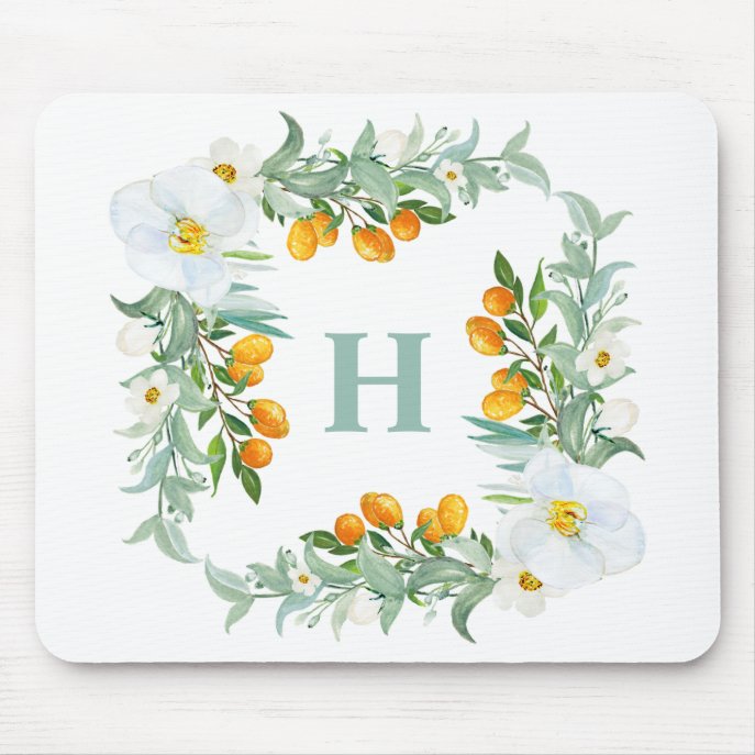 White Orchids and Kumquats Tropical Monogram Mouse Pad