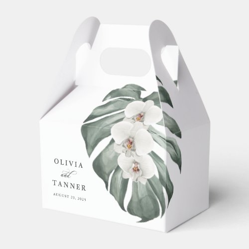 White Orchids and Monstera Leaf Tropical Floral Favor Boxes