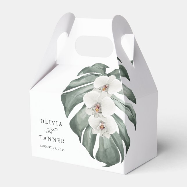 White Orchids and Monstera Leaf Tropical Floral Favor Boxes (Front Side)