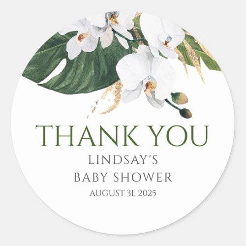 White Orchids And Palm Leaves Gold Thank You Classic Round Sticker