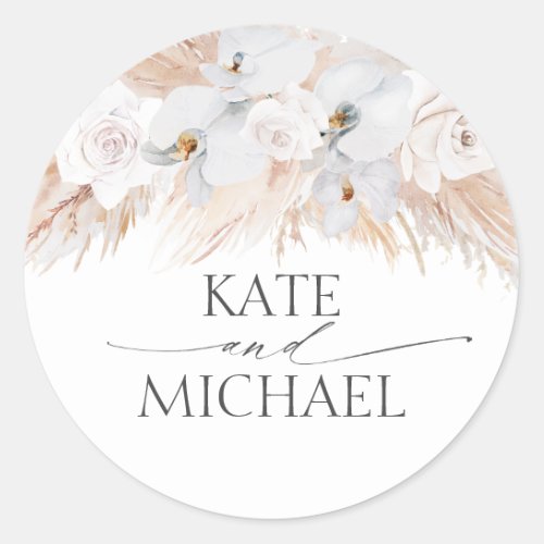 White Orchids and Pampas Grass Wedding Classic Round Sticker