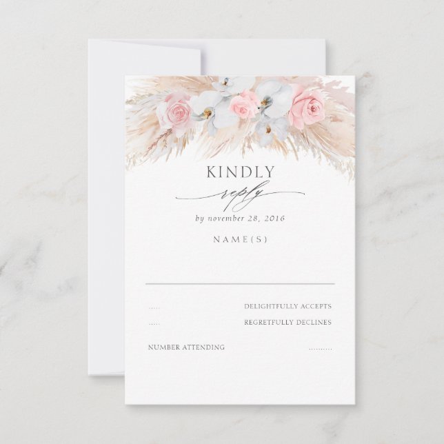 White Orchids and Pink Roses Pampas Wedding RSVP (Front)