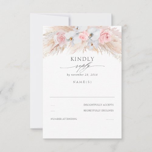 White Orchids and Pink Roses Pampas Wedding RSVP