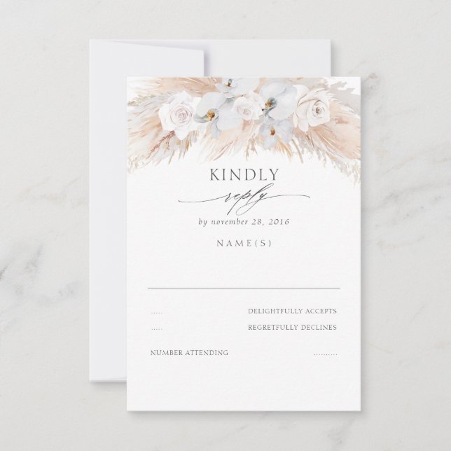 White Orchids and Roses Dried Pampas Wedding RSVP (Front)