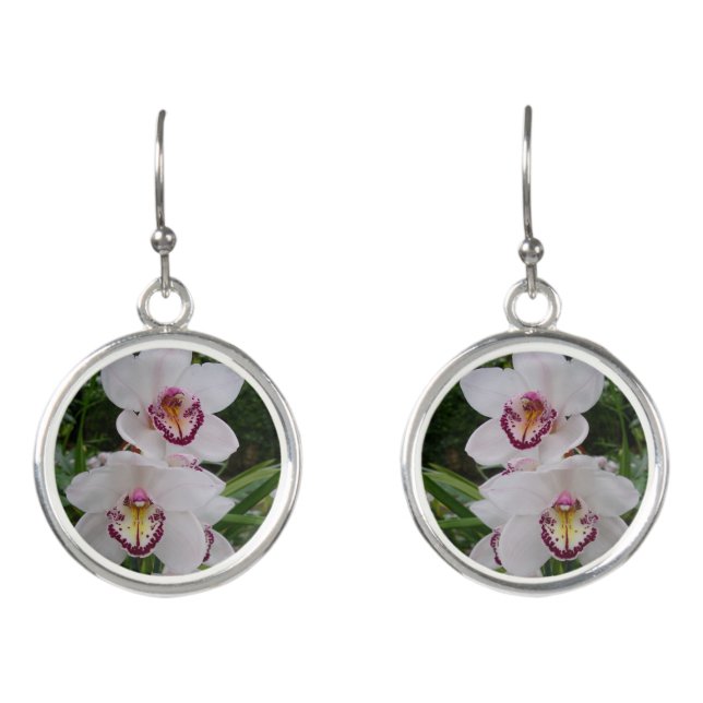 White Orchids Beautiful Tropical Flowers Earrings (Front)
