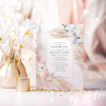 White Orchids Blush Roses And Pampas Grass Wedding Invitation by lovelywow at Zazzle