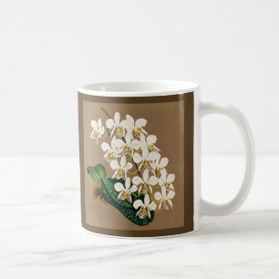 White Orchids Botanical Print, Tan Background Coffee Mug