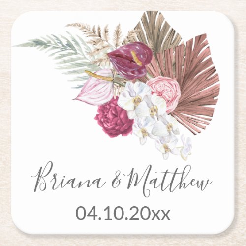 White Orchids Dried Palm Burgundy Floral Wedding Square Paper Coaster