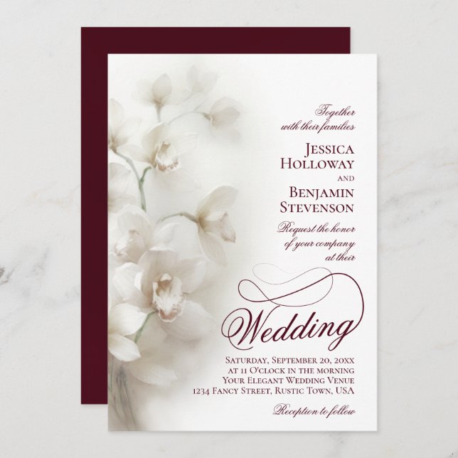White Orchids Fancy Script QR Code Wedding Invitation (Front/Back)