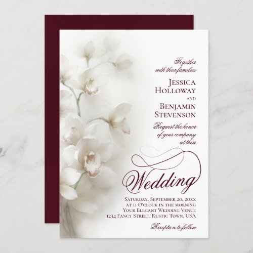 White Orchids Fancy Script QR Code Wedding Invitation