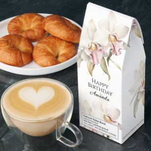 White Orchids Feminine Floral Birthday with Name Roasted Coffee