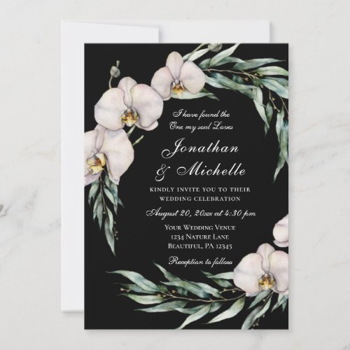 White Orchids Floral on Black Christian Wedding Invitation