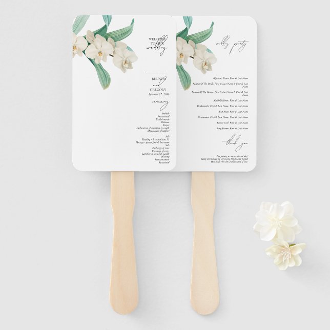 White Orchids Floral Wedding Order of Service Hand Fan (Front and Back)