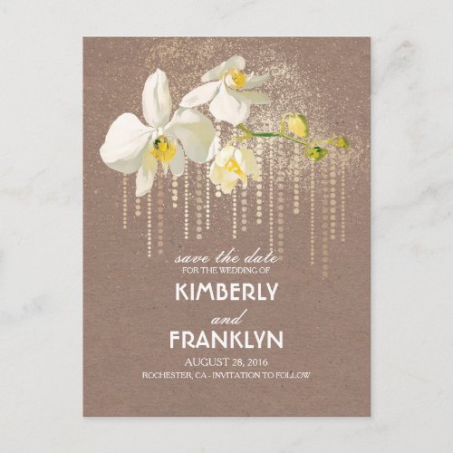 White Orchids Gold Glam Vintage Save the Date Announcement Postcard - Vintage floral save the date postcards with white orchids