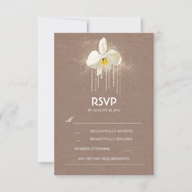 White Orchids Gold Glam Wedding RSVP Card (Front)