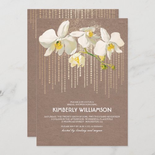 White Orchids Gold Glitter Vintage Bridal Shower Invitation - Vintage white orchid flowers and gold glam bridal shower invitation.