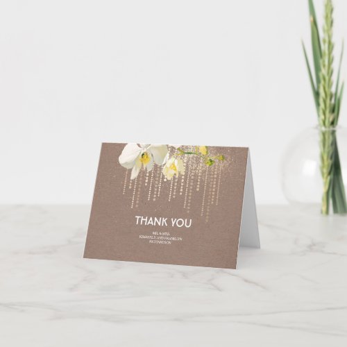 White Orchids Gold Glitter Wedding Thank You - Gold glitter glam and white orchid flowers wedding thank you cards