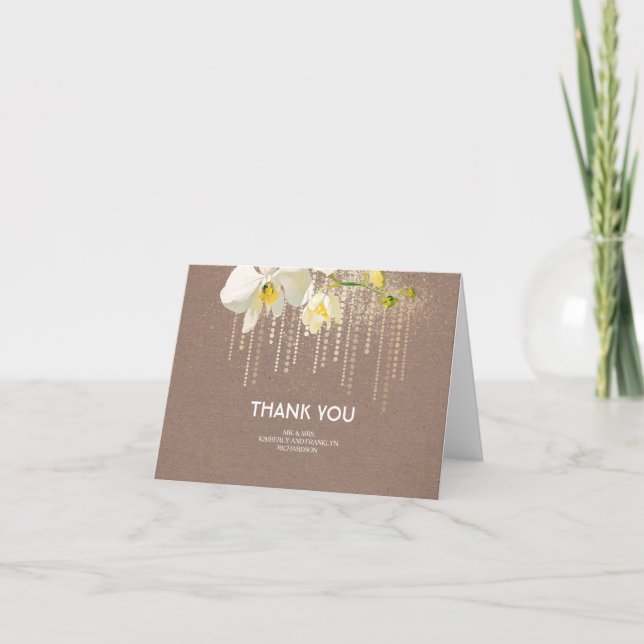 White Orchids Gold Glitter Wedding Thank You Card (Front)