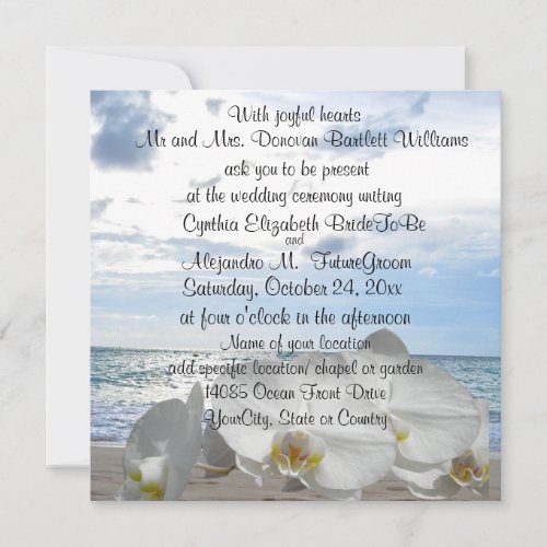 White Orchids Ocean Waves Wedding Announcement