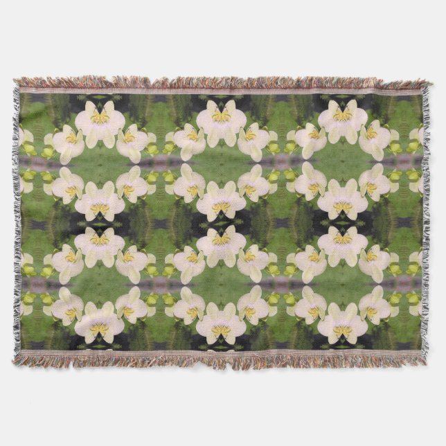 White Orchids on a green background Throw Blanket (Front)