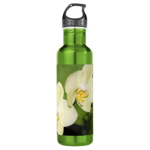White Orchids on a green background Water Bottle