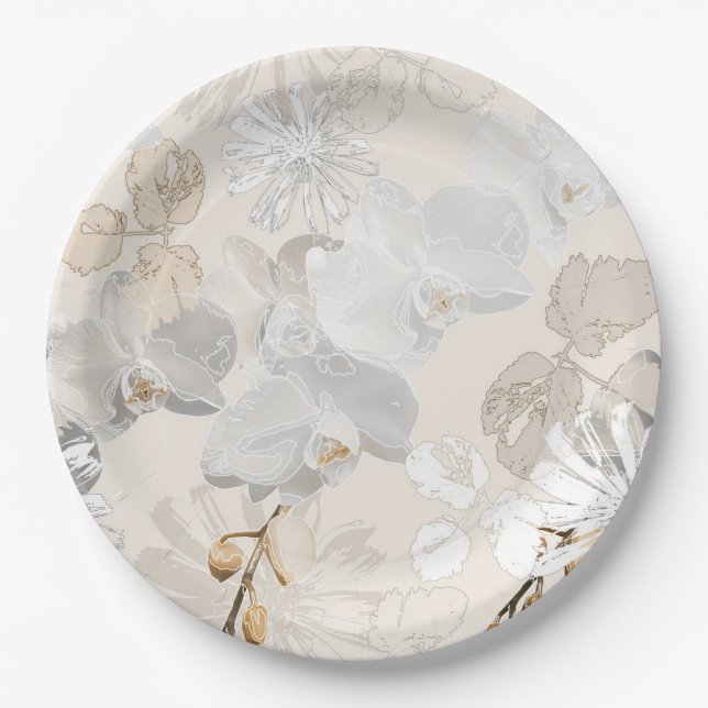 White orchids on a light cream   paper plates (Front)