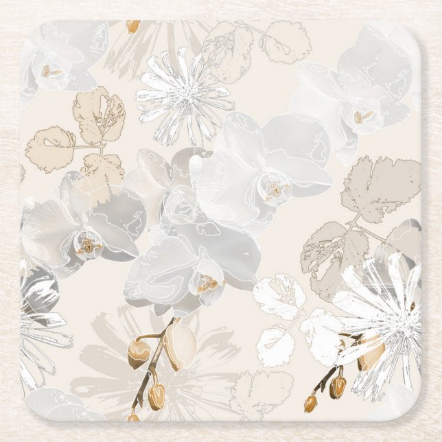 White orchids on a light cream square paper coaster (Front)