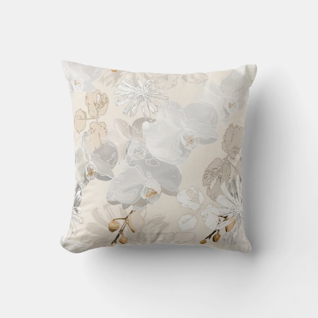 White orchids on a light cream  throw pillow (Front)