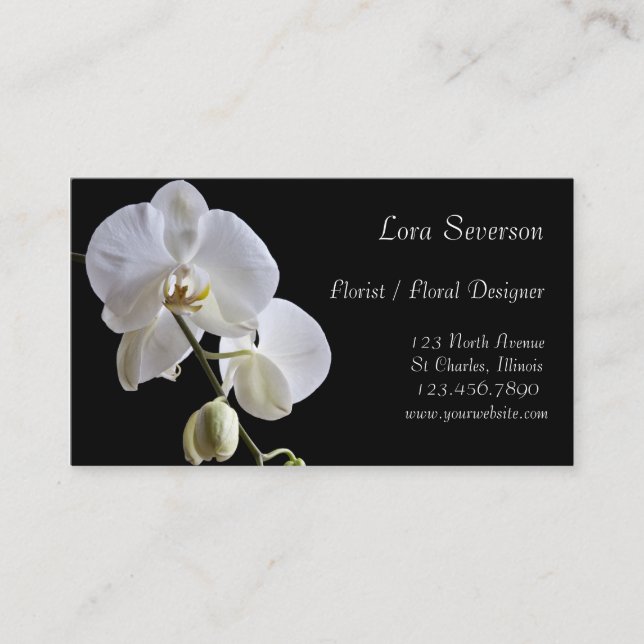White Orchids on Black Florist  Business Card (Front)