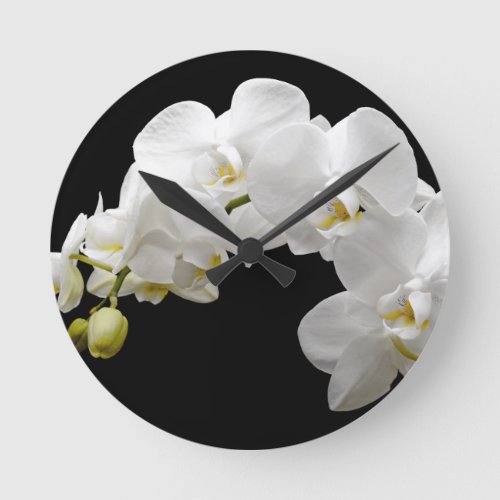 White Orchids On Black Round Clock