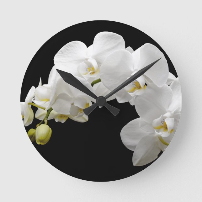White Orchids On Black Round Clock (Front)